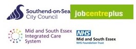 logos for Southend-on-Sea City Council, Job Centre, Mid and South Essex integrated care system and NHS Mid and South Essex