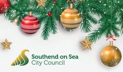 Christmas tree branches with baubles alongside the Southend-on- Sea City Council logo.
