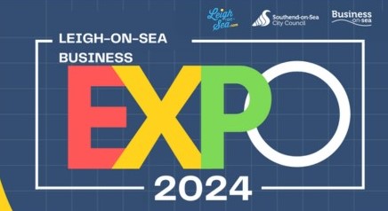 Leigh-on-Sea business Expo logo . Text in Red, yellow, green, white on a dark blue background