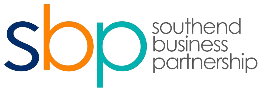 Logo for Southend business partnership. Initials shown in colours blue, orange and green, alongside the full title.