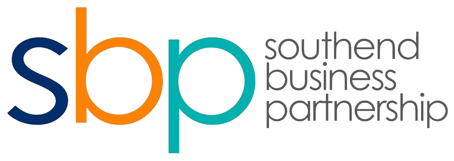 Text reads sbp Southend business Partnership on a white background. S is in blue b is in orange p is in green and Southend business Partnership is in black