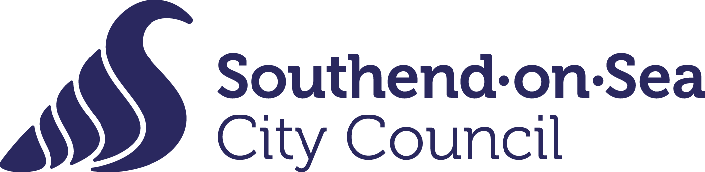 White background with blue text reading Southend-on-Sea City Council and blue shell logo