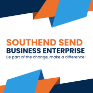 Logo reads "Southend SEND business enterprise, be part of the change make a difference". this is on a white background with navy, orange and blue border.